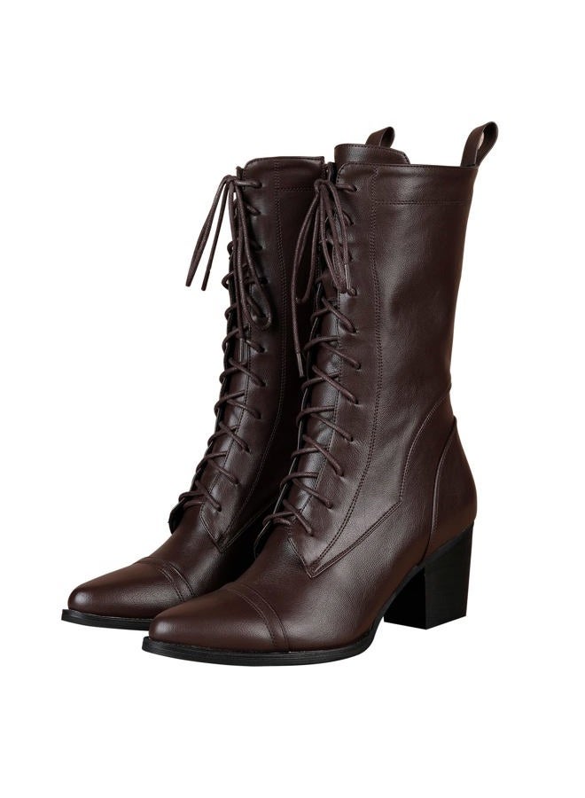 UTIKLIOU Women's Mid Calf Boots Lace up Combat Boots Leather Side Zipper Winter Boots Faux Fur Lining, Brown, 10 - Image 5