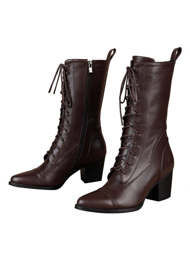 UTIKLIOU Women's Mid Calf Boots Lace up Combat Boots Leather Side Zipper Winter Boots Faux Fur Lining, Brown, 10 - Image 4