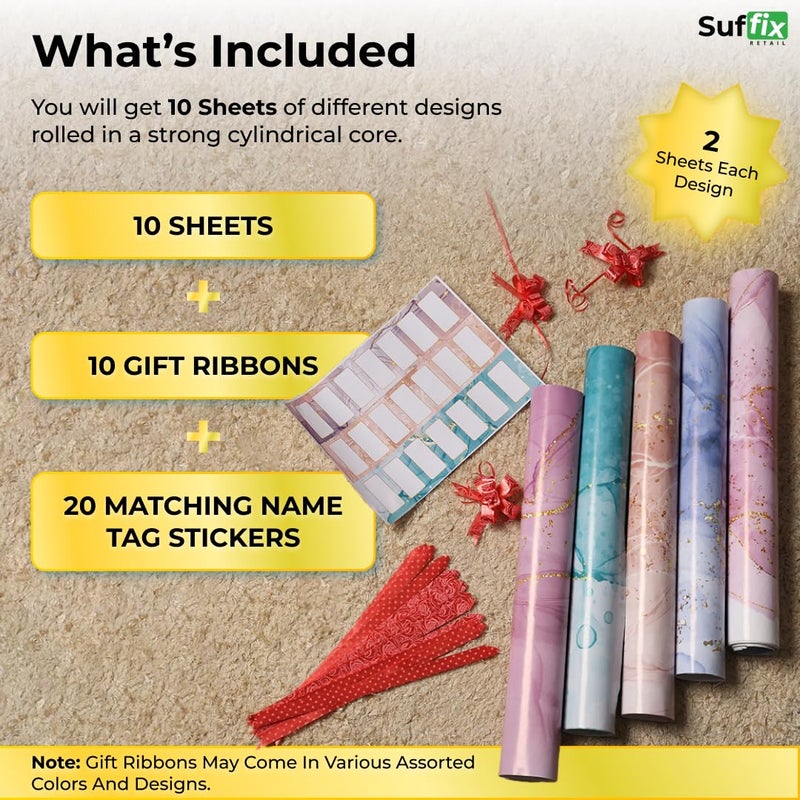 Suffix Retail-10 Pcs Gift Wrapping Paper Sheets With Gift Ribbons & Gift Nametag Stickers 10 Pcs For Gift Wrapping Paper Sheets-19 X 28 Inches(Multi) - Image 2