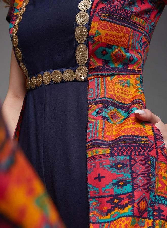 Styli Bohemian Printed Panel Wide Leg Keyhole Neck Jumpsuit