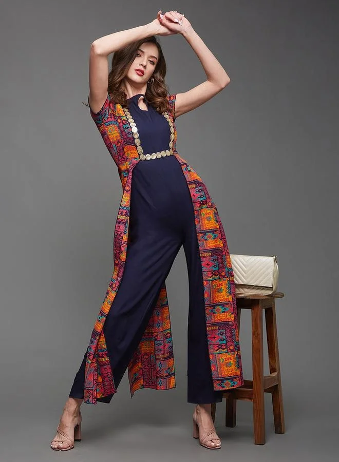 Styli Bohemian Printed Panel Wide Leg Keyhole Neck Jumpsuit