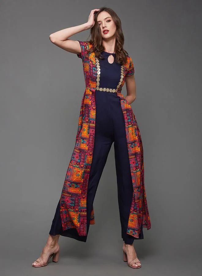 Styli Bohemian Printed Panel Wide Leg Keyhole Neck Jumpsuit