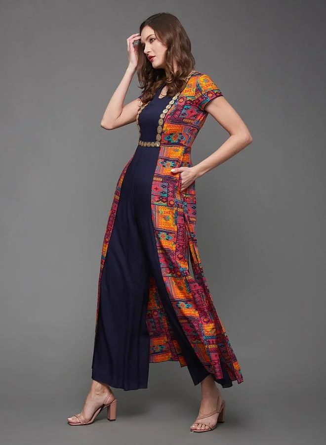 Styli Bohemian Printed Panel Wide Leg Keyhole Neck Jumpsuit