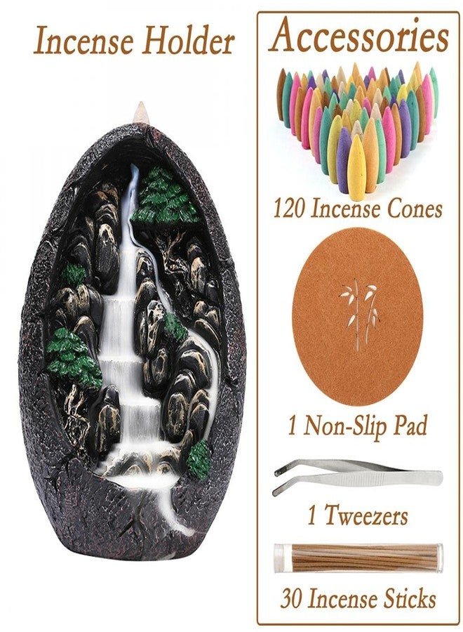 Jessie Backflow Incense Holder Resin Mountain Incense Burner Fountain Waterfall Incense Holders Home Decor with 120 Pcs Backflow Incense Cones 30 Pcs Incense Sticks (Waterfall) - Image 2