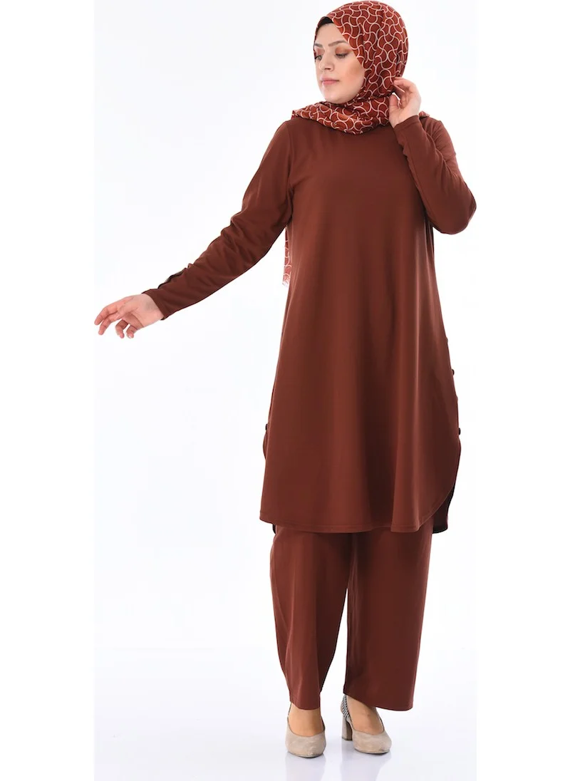 Sefa Merve Plus Size Button Detailed Tunic Trousers Two Piece Set 2655-03 Tobacco