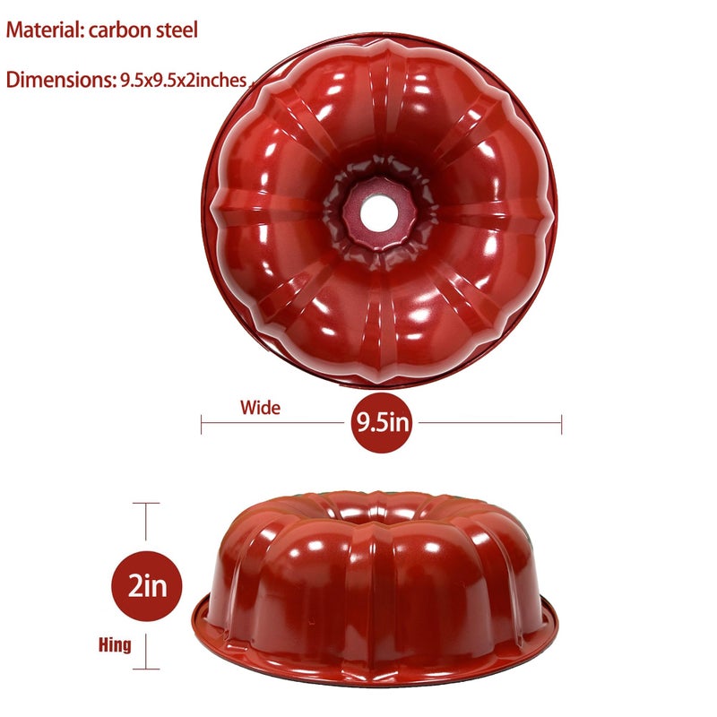 Kundalini Classic Bakeware 9.5 Inch Non-stick Fluted Cake Pan,Heavy Duty Carbon Steel Tube Baking Mold Red - Image 2