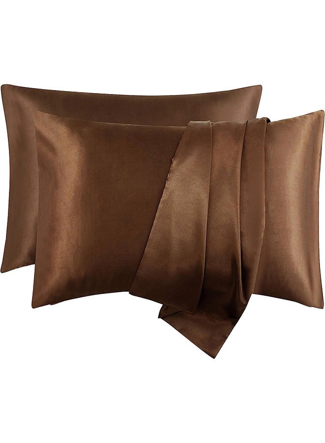 بشكل مختصر كيس وسادة حريري، 2 كيس وسادة حريري من الساتان الحريري للشعر والبشرة مقاس قياسي/ملكي/ملكي مع غلق بمغلف (20 بوصة × 30 بوصة) (قهوة) - Image 1