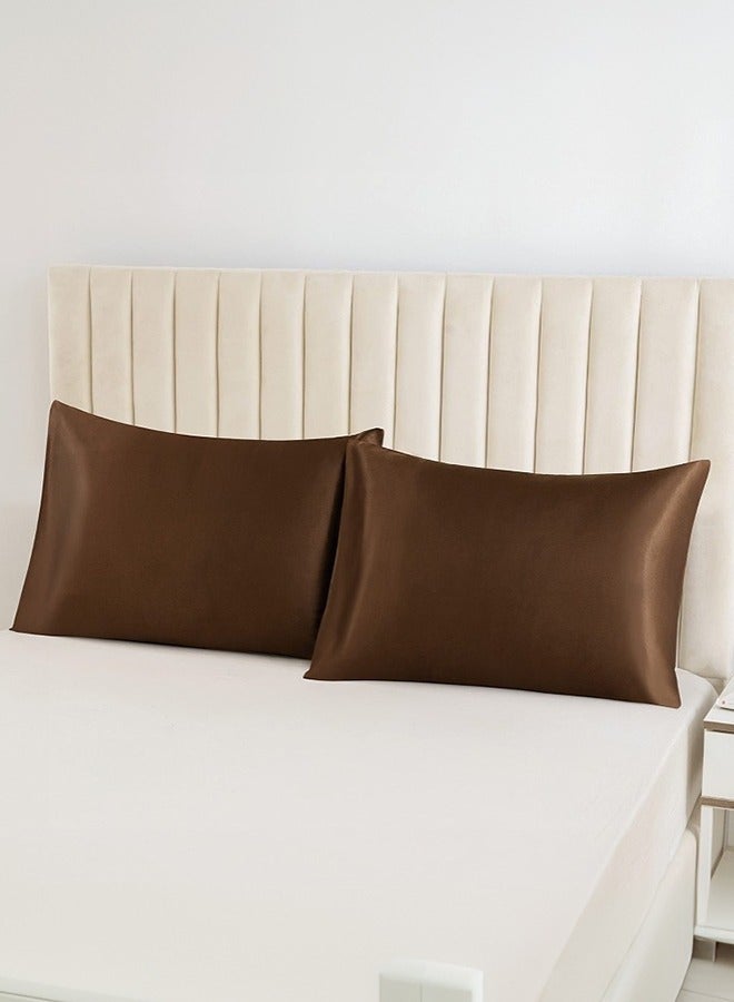 بشكل مختصر كيس وسادة حريري، 2 كيس وسادة حريري من الساتان الحريري للشعر والبشرة مقاس قياسي/ملكي/ملكي مع غلق بمغلف (20 بوصة × 30 بوصة) (قهوة) - Image 2