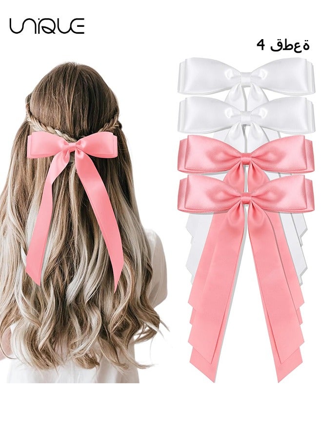 Unique 4 Pcs Hair Bows - Butterfly Knot Hair Clips - Double Ribbon Tassel Ponytail Holder Accessories - With Metal Barrette for Women Girls Toddlers Teens Kids (White & Pink） - Image 1