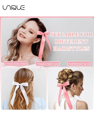 4 Pcs Hair Bows - Butterfly Knot Hair Clips - Double Ribbon Tassel Ponytail Holder Accessories - With Metal Barrette for Women Girls Toddlers Teens Kids (White & Pink） - view 4