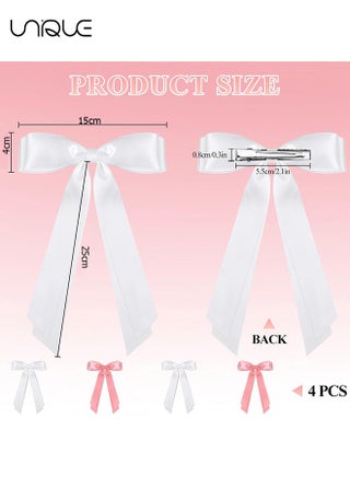 4 Pcs Hair Bows - Butterfly Knot Hair Clips - Double Ribbon Tassel Ponytail Holder Accessories - With Metal Barrette for Women Girls Toddlers Teens Kids (White & Pink） - view 2