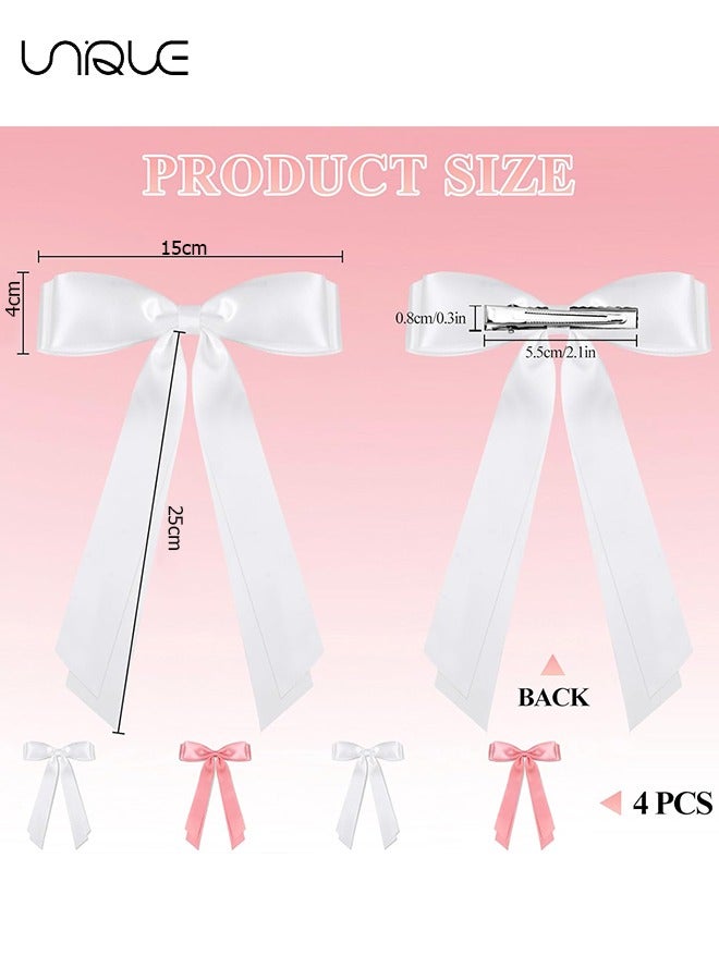 Unique 4 Pcs Hair Bows - Butterfly Knot Hair Clips - Double Ribbon Tassel Ponytail Holder Accessories - With Metal Barrette for Women Girls Toddlers Teens Kids (White & Pink） - Image 2