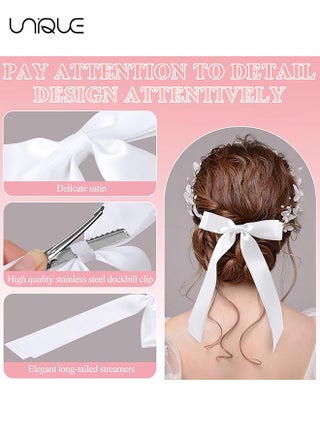4 Pcs Hair Bows - Butterfly Knot Hair Clips - Double Ribbon Tassel Ponytail Holder Accessories - With Metal Barrette for Women Girls Toddlers Teens Kids (White & Pink） - view 3