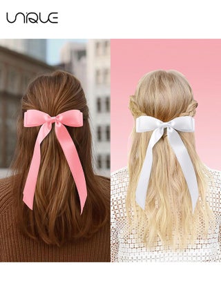 4 Pcs Hair Bows - Butterfly Knot Hair Clips - Double Ribbon Tassel Ponytail Holder Accessories - With Metal Barrette for Women Girls Toddlers Teens Kids (White & Pink） - view 5
