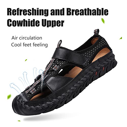 Optigard Men's Genuine Leather Hand Stitching Fisherman Sandals,Outdoor Casual Closed Toe Breathable Hiking Sandals Sport Walking Water Shoes (8,Black,Male) - Image 4