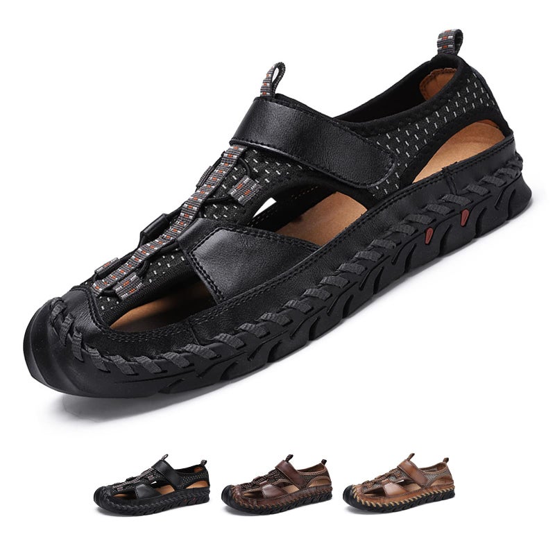 Optigard Men's Genuine Leather Hand Stitching Fisherman Sandals,Outdoor Casual Closed Toe Breathable Hiking Sandals Sport Walking Water Shoes (8,Black,Male) - Image 2