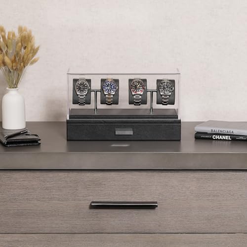 ROTHWELL Luxury Watch Display Case for 4 Watches – Leather Watch Box with Acrylic Cover and Removable Slide in Cushions – Accessory Drawer with Multiple Configurations (Black/Grey) - Image 3