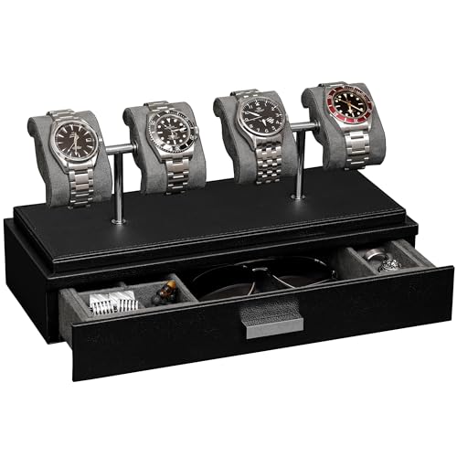 ROTHWELL Luxury Watch Display Case for 4 Watches – Leather Watch Box with Acrylic Cover and Removable Slide in Cushions – Accessory Drawer with Multiple Configurations (Black/Grey) - Image 1