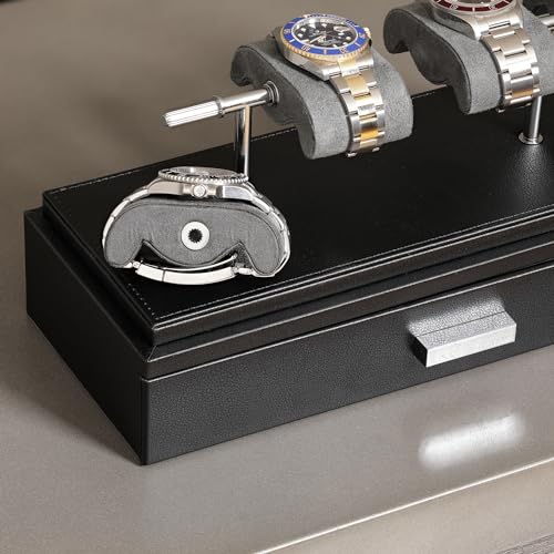 ROTHWELL Luxury Watch Display Case for 4 Watches – Leather Watch Box with Acrylic Cover and Removable Slide in Cushions – Accessory Drawer with Multiple Configurations (Black/Grey) - Image 5