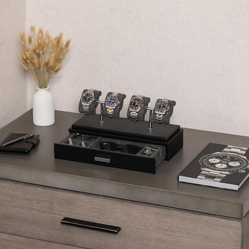 ROTHWELL Luxury Watch Display Case for 4 Watches – Leather Watch Box with Acrylic Cover and Removable Slide in Cushions – Accessory Drawer with Multiple Configurations (Black/Grey) - Image 2