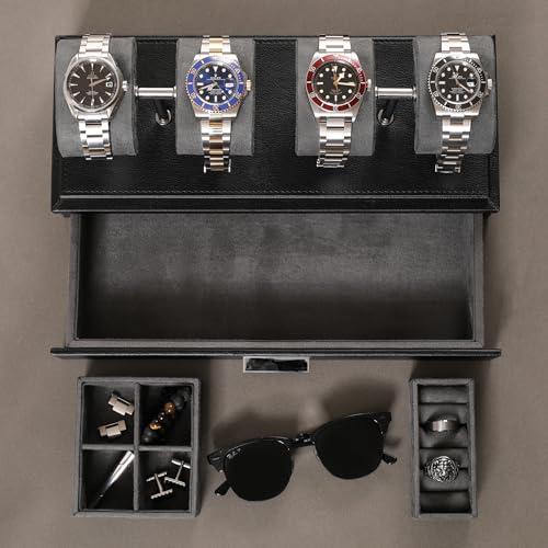 ROTHWELL Luxury Watch Display Case for 4 Watches – Leather Watch Box with Acrylic Cover and Removable Slide in Cushions – Accessory Drawer with Multiple Configurations (Black/Grey) - Image 4