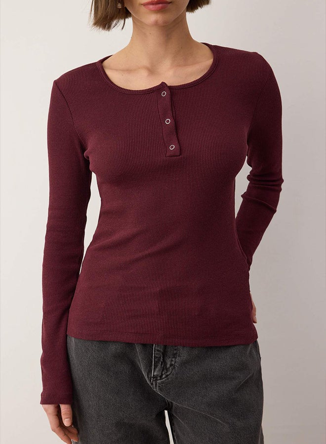 trendyol Burgundy Snap Fitted/Fitted to the Body Corded Fabric Flexible Knitted Blouse - Image 3