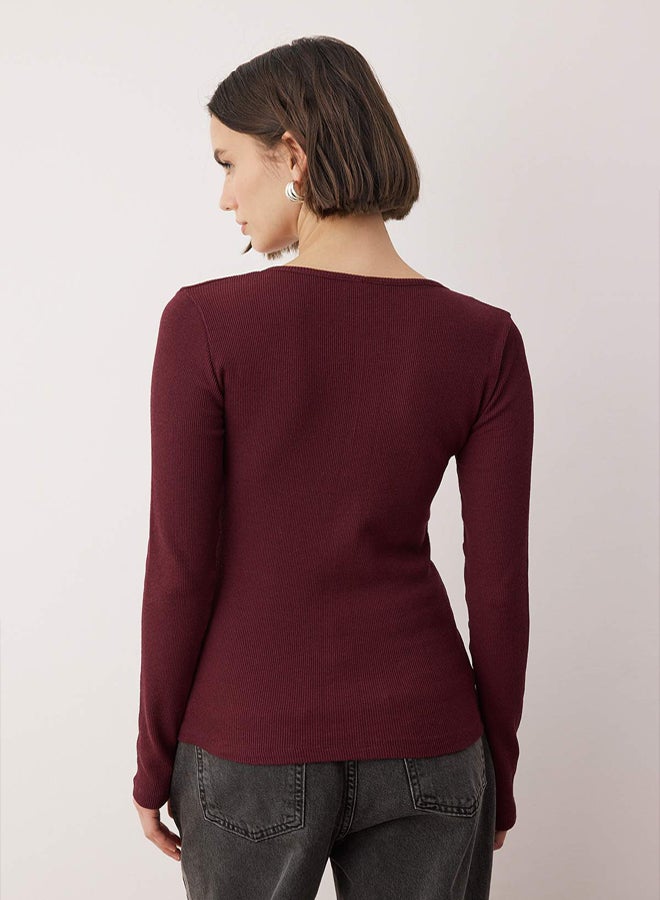 trendyol Burgundy Snap Fitted/Fitted to the Body Corded Fabric Flexible Knitted Blouse - Image 4