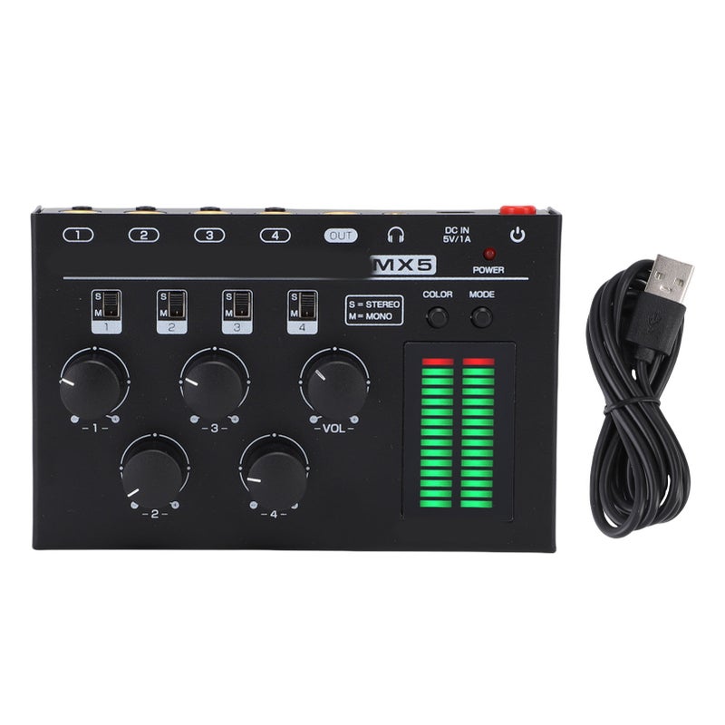 4 Channel Mini Mixer with LED Level Display Stereo Mono Low Noise Sound Mixer for PC CD Player Preamplifier Headphone Speaker - Image 1