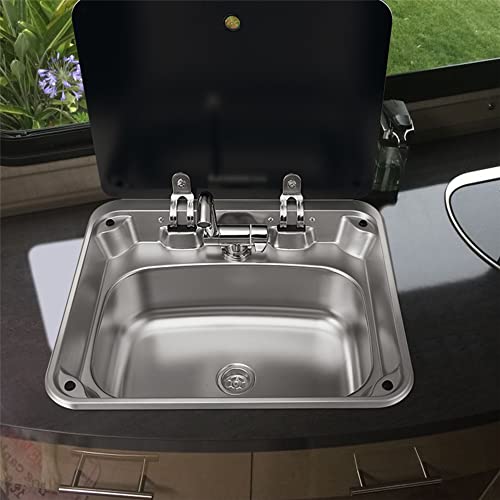 DALUOBO Outdoor Sink, Rv Sink Stainless Steel Hand Wash Basin Kitchen with Lid Glass Cold&Hot Faucet for RV Caravan Camper Boating Bar Spout Strainer Full set - Image 2