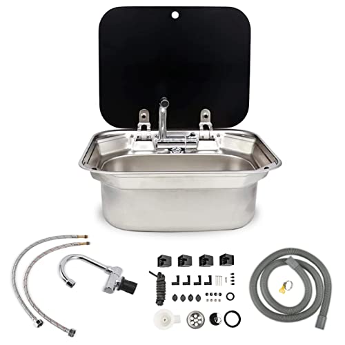 DALUOBO Outdoor Sink, Rv Sink Stainless Steel Hand Wash Basin Kitchen with Lid Glass Cold&Hot Faucet for RV Caravan Camper Boating Bar Spout Strainer Full set - Image 1