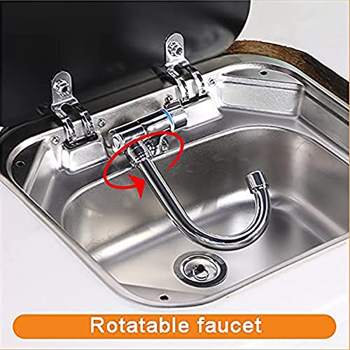 DALUOBO Outdoor Sink, Rv Sink Stainless Steel Hand Wash Basin Kitchen with Lid Glass Cold&Hot Faucet for RV Caravan Camper Boating Bar Spout Strainer Full set - Image 4