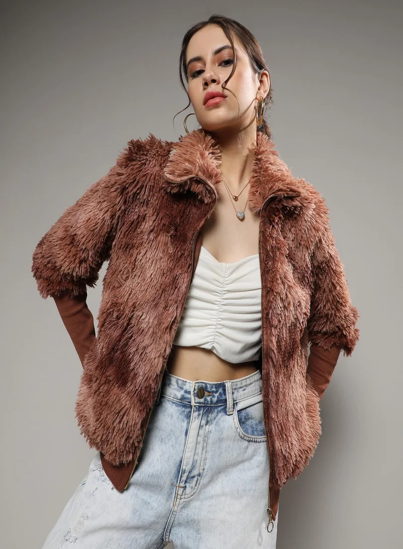Campus Sutra Women's Chocolate Brown Faded Faux Fur Jacket