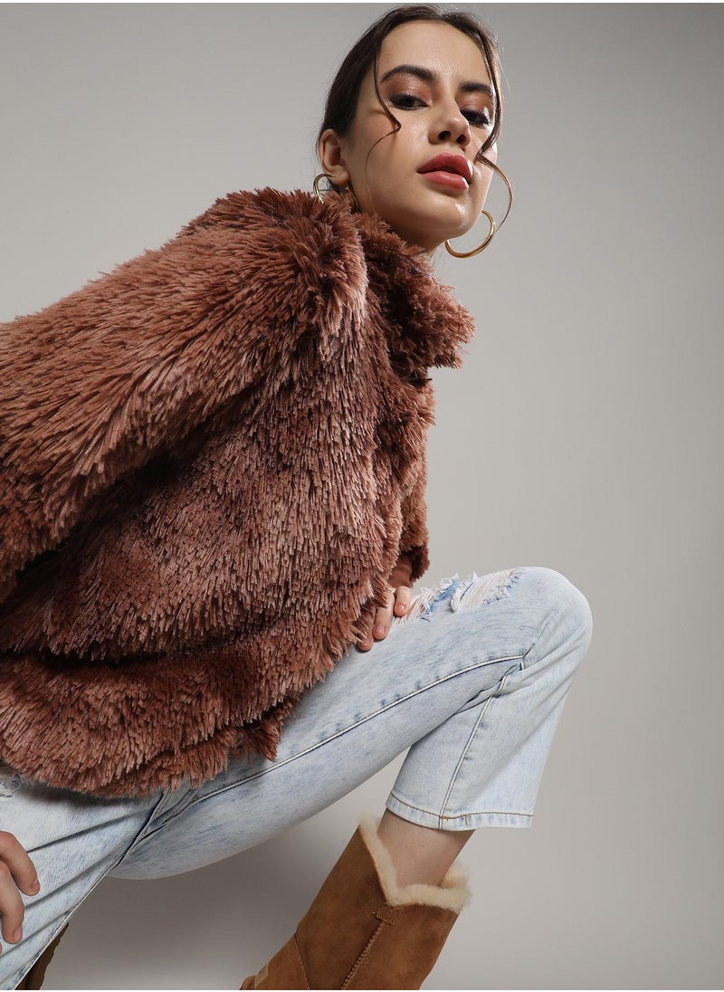 Campus Sutra - Women's Chocolate Brown Faded Faux Fur Jacket - Image 1