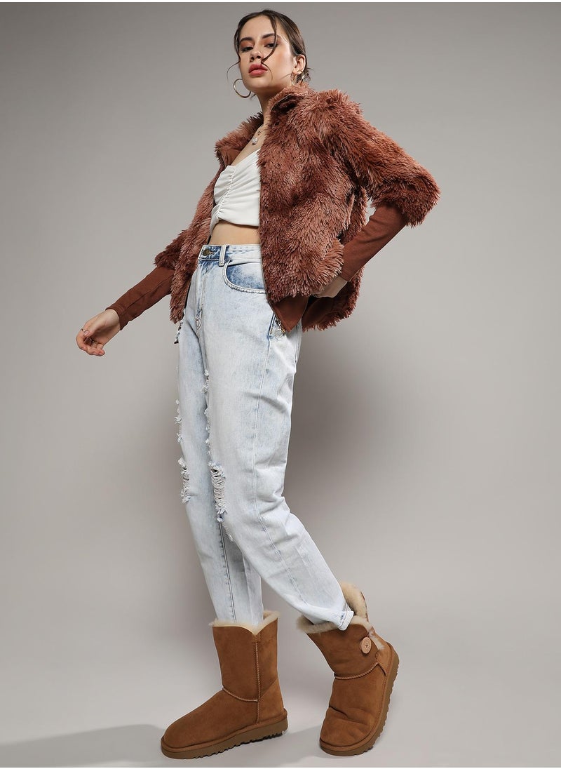 Campus Sutra - Women's Chocolate Brown Faded Faux Fur Jacket - Image 1