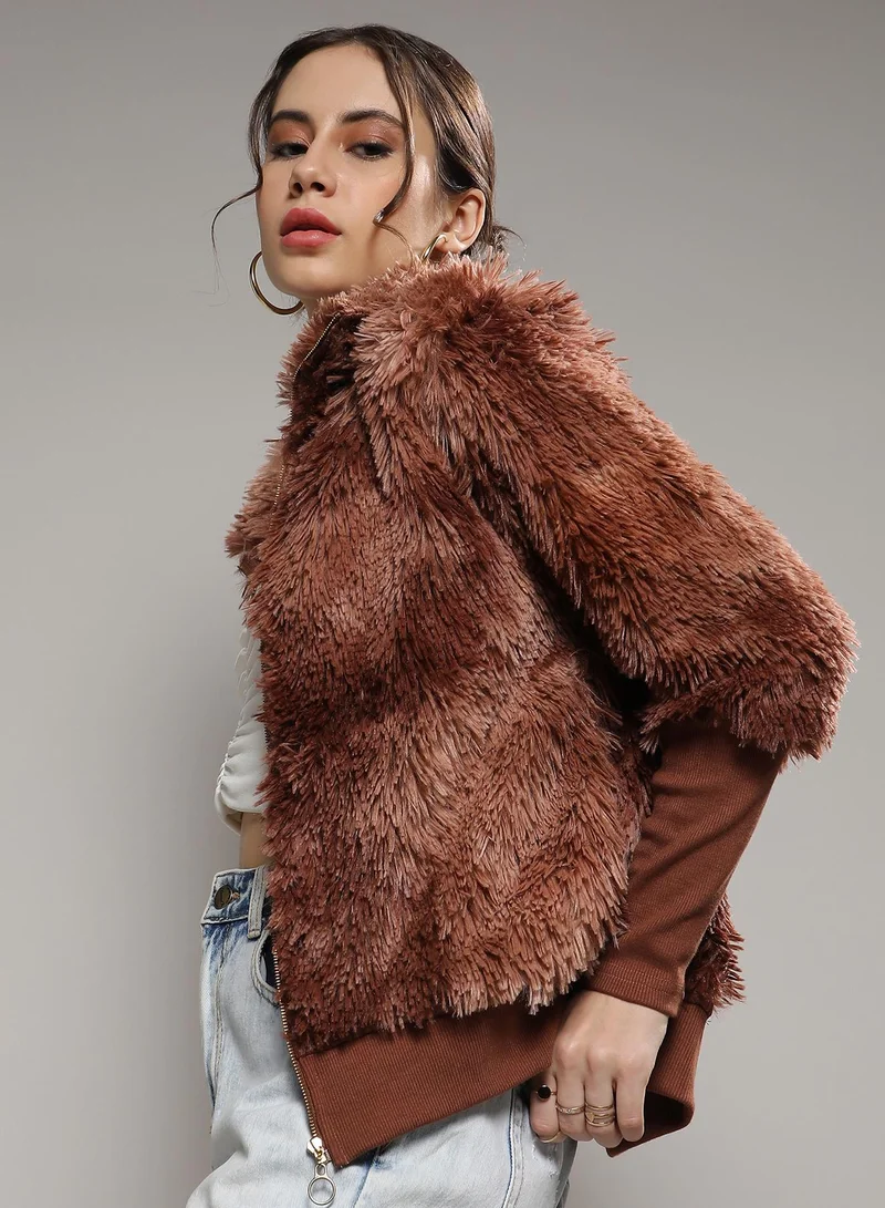 Campus Sutra Women's Chocolate Brown Faded Faux Fur Jacket