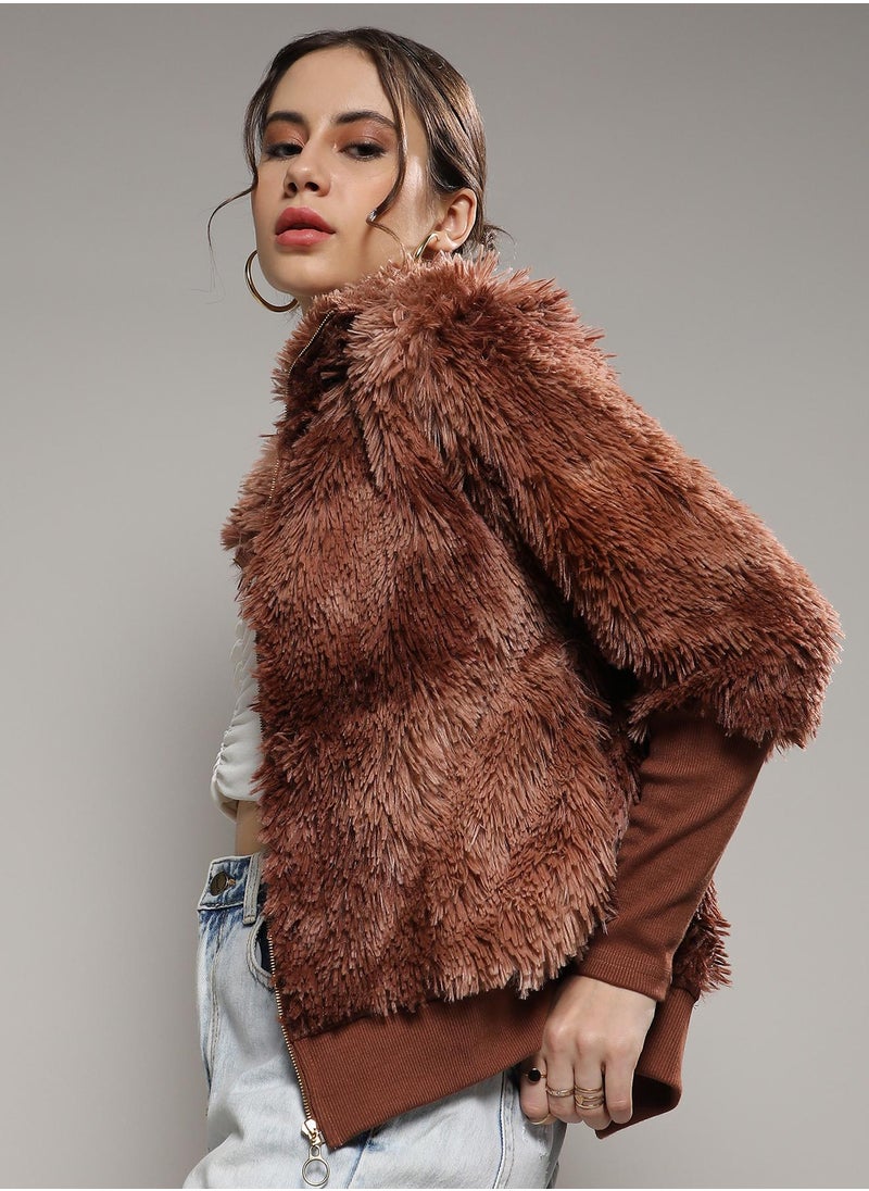 Campus Sutra - Women's Chocolate Brown Faded Faux Fur Jacket - Image 1