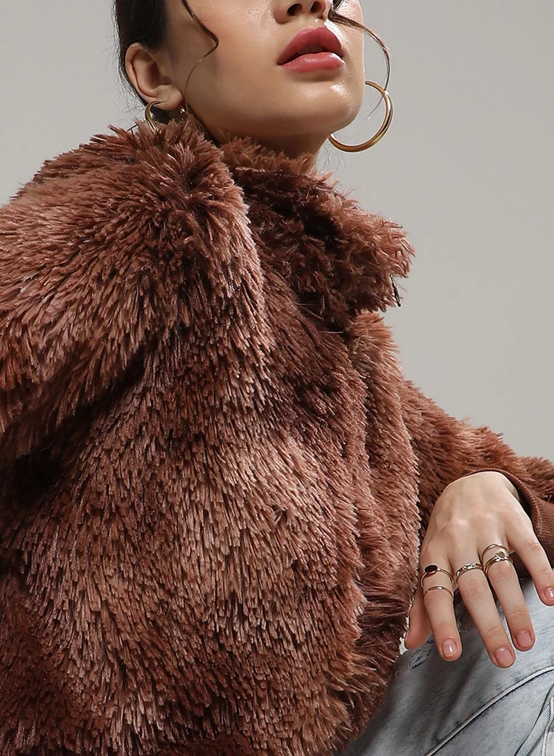 Campus Sutra Women's Chocolate Brown Faded Faux Fur Jacket