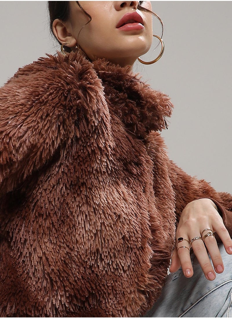 Campus Sutra - Women's Chocolate Brown Faded Faux Fur Jacket - Image 1