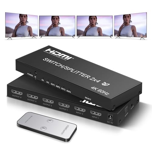 avedio links 4K@60Hz HDMI Switch Splitter 2 in 4 Out with Remote, avedio Links 2x4 HDMI Splitter Switcher 4K with SPDIF & 3.5mm Audio,Support 4K,3D,1080p,HDCP2.2,HDR 10 for PS5/4,Xbox,Fire Stick,etc - Image 1