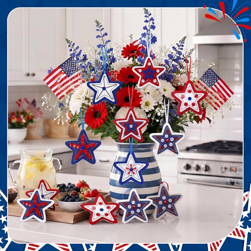 Geelin 18 Pcs Patriotic Memorial Day Ornaments Felt Star 4th of July Decoration for Tree 250th Anniversary Tree Decorations Red Blue White 3.14 Inch Hanging Stars for Party Decor(Vivid Style) - Image 5