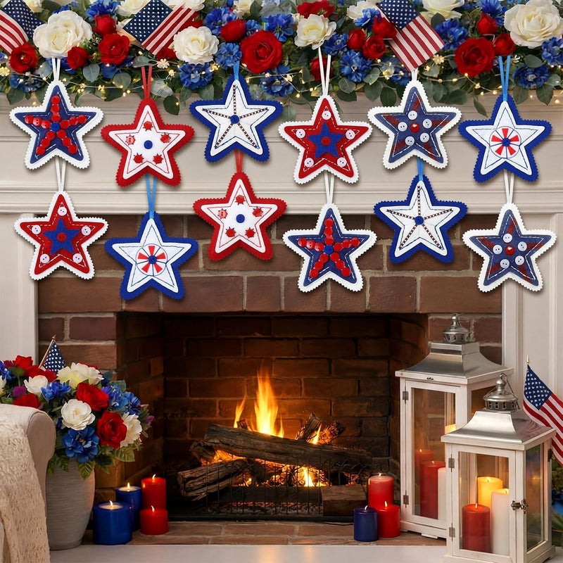 Geelin 18 Pcs Patriotic Memorial Day Ornaments Felt Star 4th of July Decoration for Tree 250th Anniversary Tree Decorations Red Blue White 3.14 Inch Hanging Stars for Party Decor(Vivid Style) - Image 2