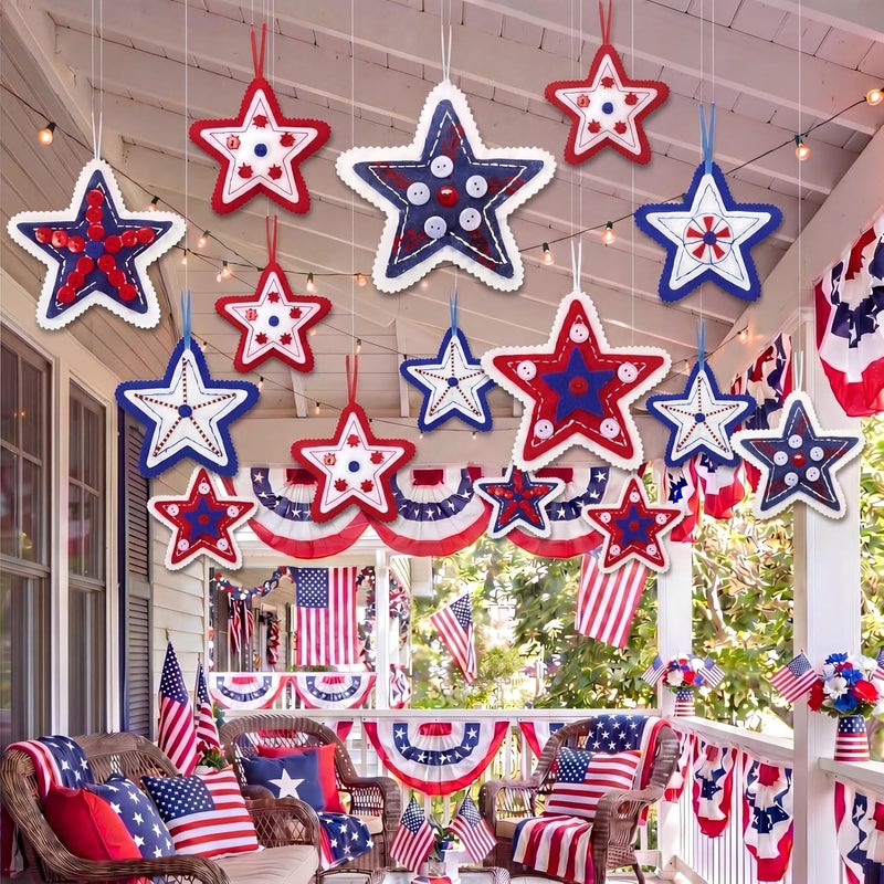 Geelin 18 Pcs Patriotic Memorial Day Ornaments Felt Star 4th of July Decoration for Tree 250th Anniversary Tree Decorations Red Blue White 3.14 Inch Hanging Stars for Party Decor(Vivid Style) - Image 1