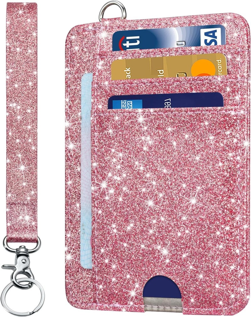 Hot Cool Card Holder Keychian and Lanyard Wallet Front Pocket Minimalist Travel Cute Funny Thin Leather With RFID Blocking Small Credit Card Holder Wallet for Men & Women Girls Organizer Gifts, Glitter Pink - Image 1