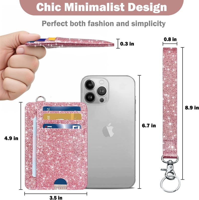Hot Cool Card Holder Keychian and Lanyard Wallet Front Pocket Minimalist Travel Cute Funny Thin Leather With RFID Blocking Small Credit Card Holder Wallet for Men & Women Girls Organizer Gifts, Glitter Pink - Image 4