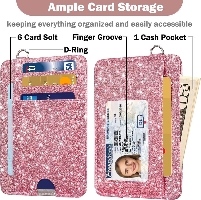 Hot Cool Card Holder Keychian and Lanyard Wallet Front Pocket Minimalist Travel Cute Funny Thin Leather With RFID Blocking Small Credit Card Holder Wallet for Men & Women Girls Organizer Gifts, Glitter Pink - Image 3