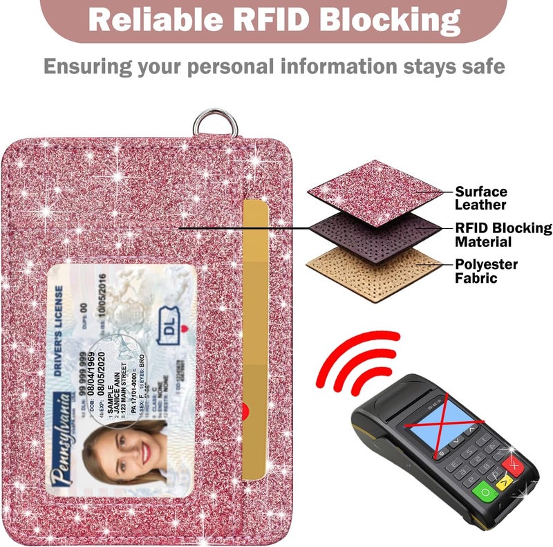 Hot Cool Card Holder Keychian and Lanyard Wallet Front Pocket Minimalist Travel Cute Funny Thin Leather With RFID Blocking Small Credit Card Holder Wallet for Men & Women Girls Organizer Gifts, Glitter Pink - Image 5