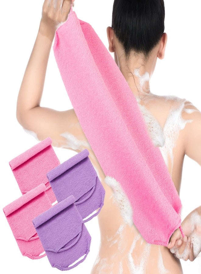 Moukeren Exfoliating Back Scrubber with Handles 4 Pack Nylon Back Exfoliator Extended Length Washers Scrubbers Stretchable Pull Strap Exfoliating Washcloth(Pink, Purple) - Image 1
