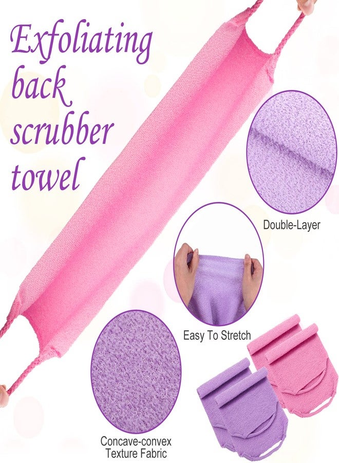 Moukeren Exfoliating Back Scrubber with Handles 4 Pack Nylon Back Exfoliator Extended Length Washers Scrubbers Stretchable Pull Strap Exfoliating Washcloth(Pink, Purple) - Image 3