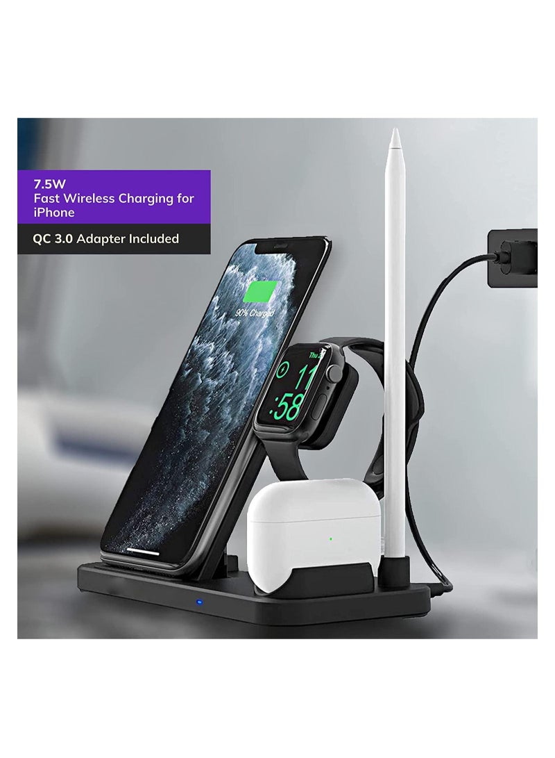 4 in 1 Qi-Certified Wireless Charging Station with Adapter for Apple iPhone/Earbuds/Apple Watch/Apple Pen/Samsung Galaxy Phones - Image 2