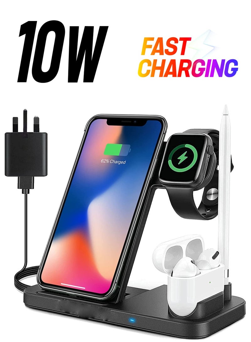 4 in 1 Qi-Certified Wireless Charging Station with Adapter for Apple iPhone/Earbuds/Apple Watch/Apple Pen/Samsung Galaxy Phones - Image 1